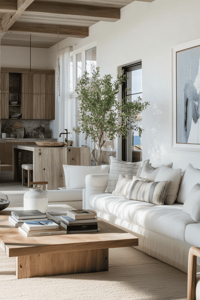 Open Concept Coastal Living Room with Kitchen View