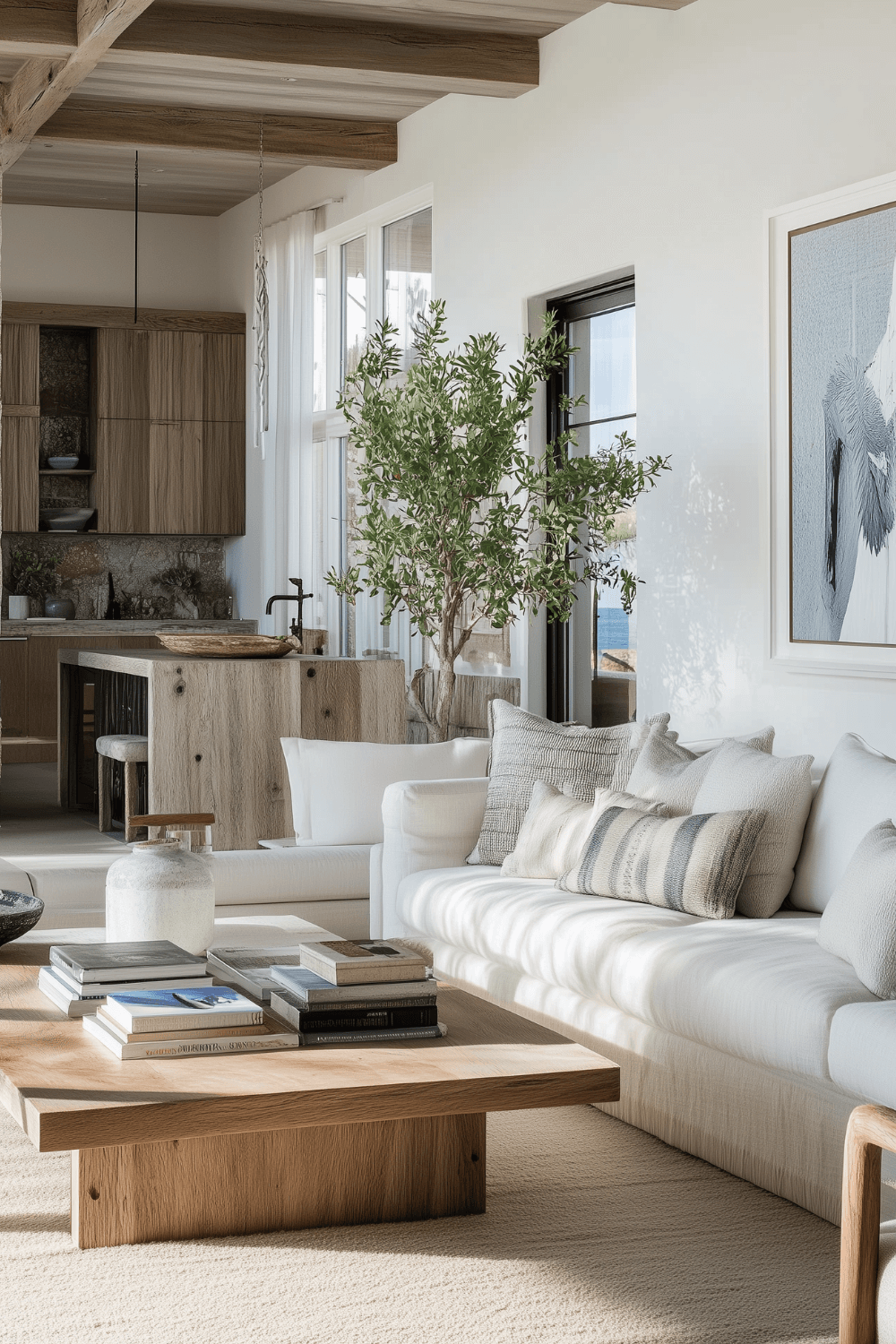 Open Concept Coastal Living Room with Kitchen View