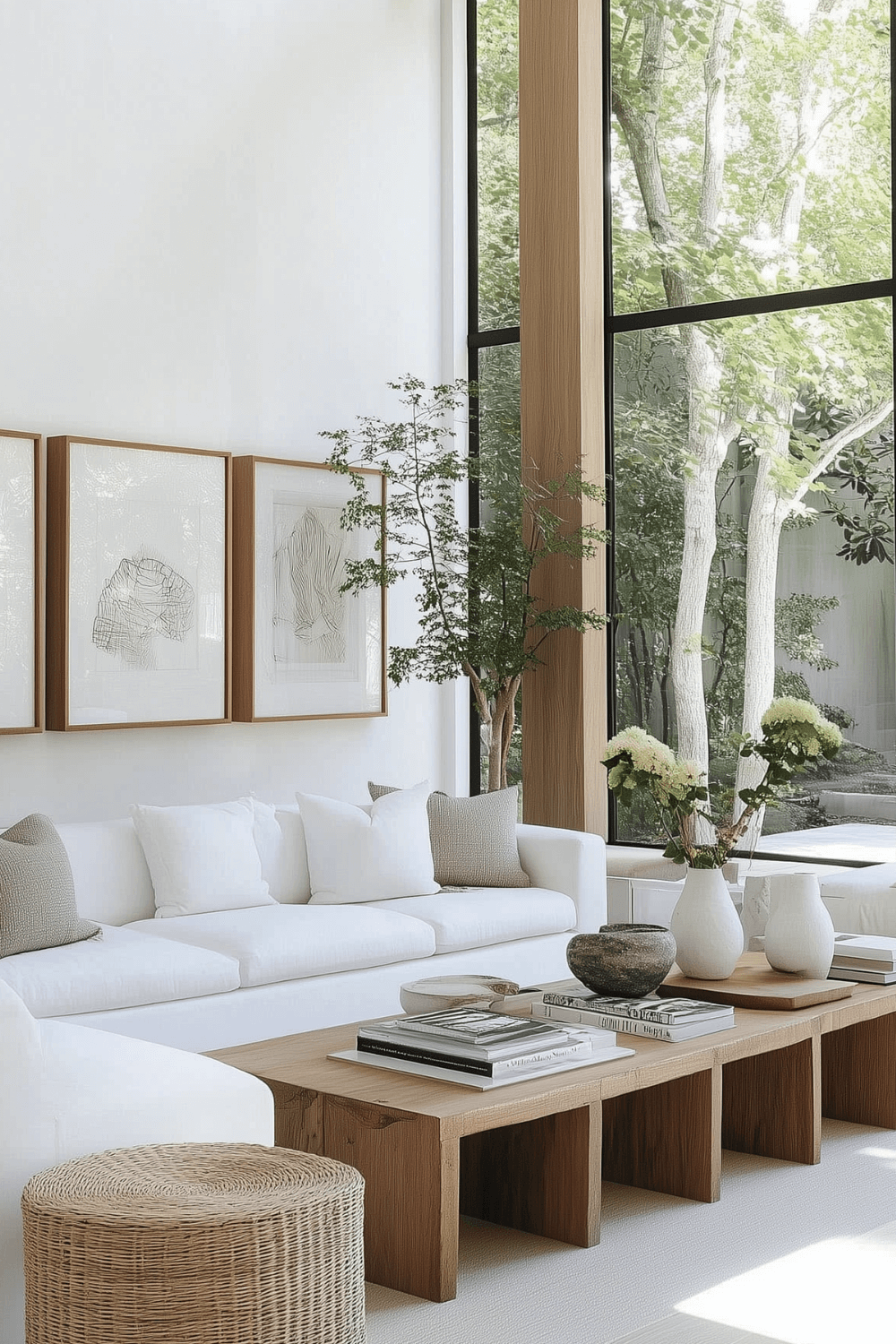 Minimalist Coastal Inspired Living Room with Floor-to-Ceiling Windows