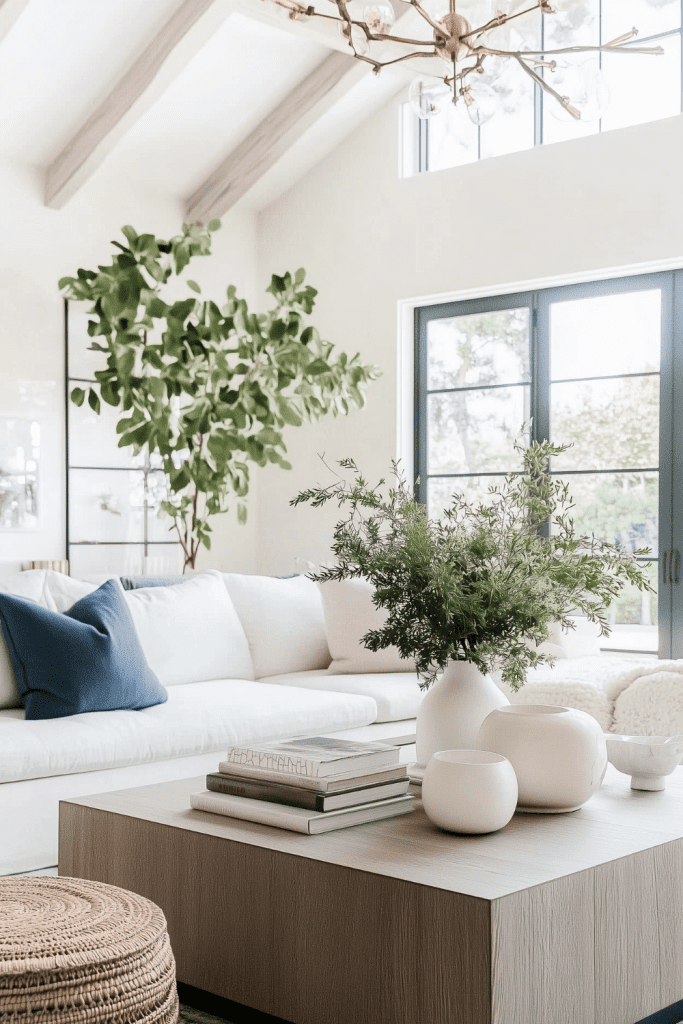 Bright Coastal Living Room with Vaulted Ceiling
