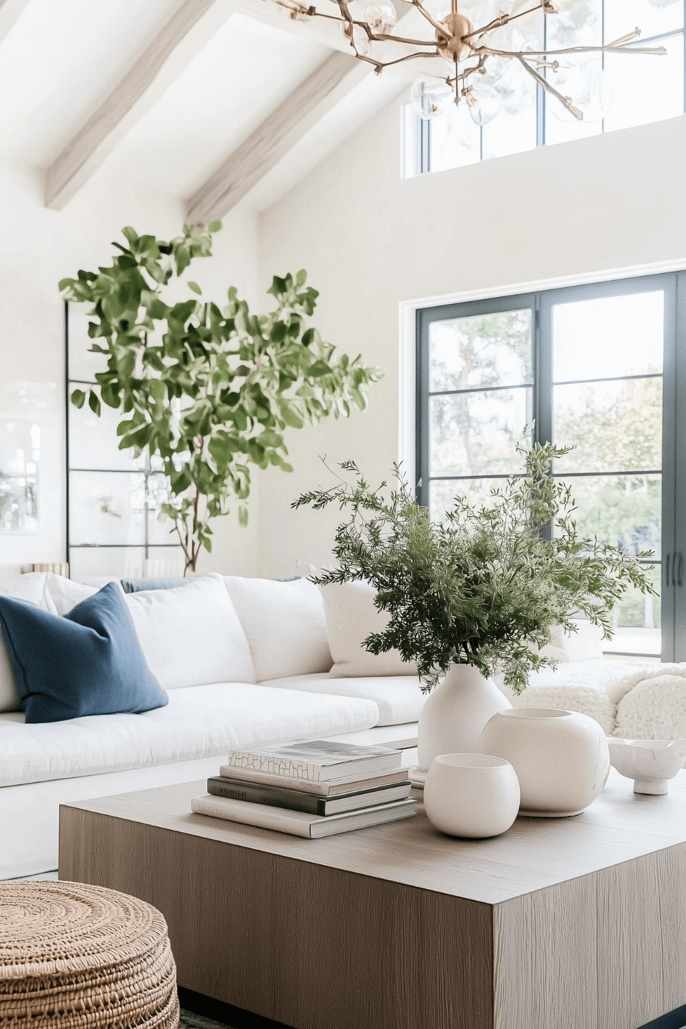 Bright Coastal Living Room with Vaulted Ceiling