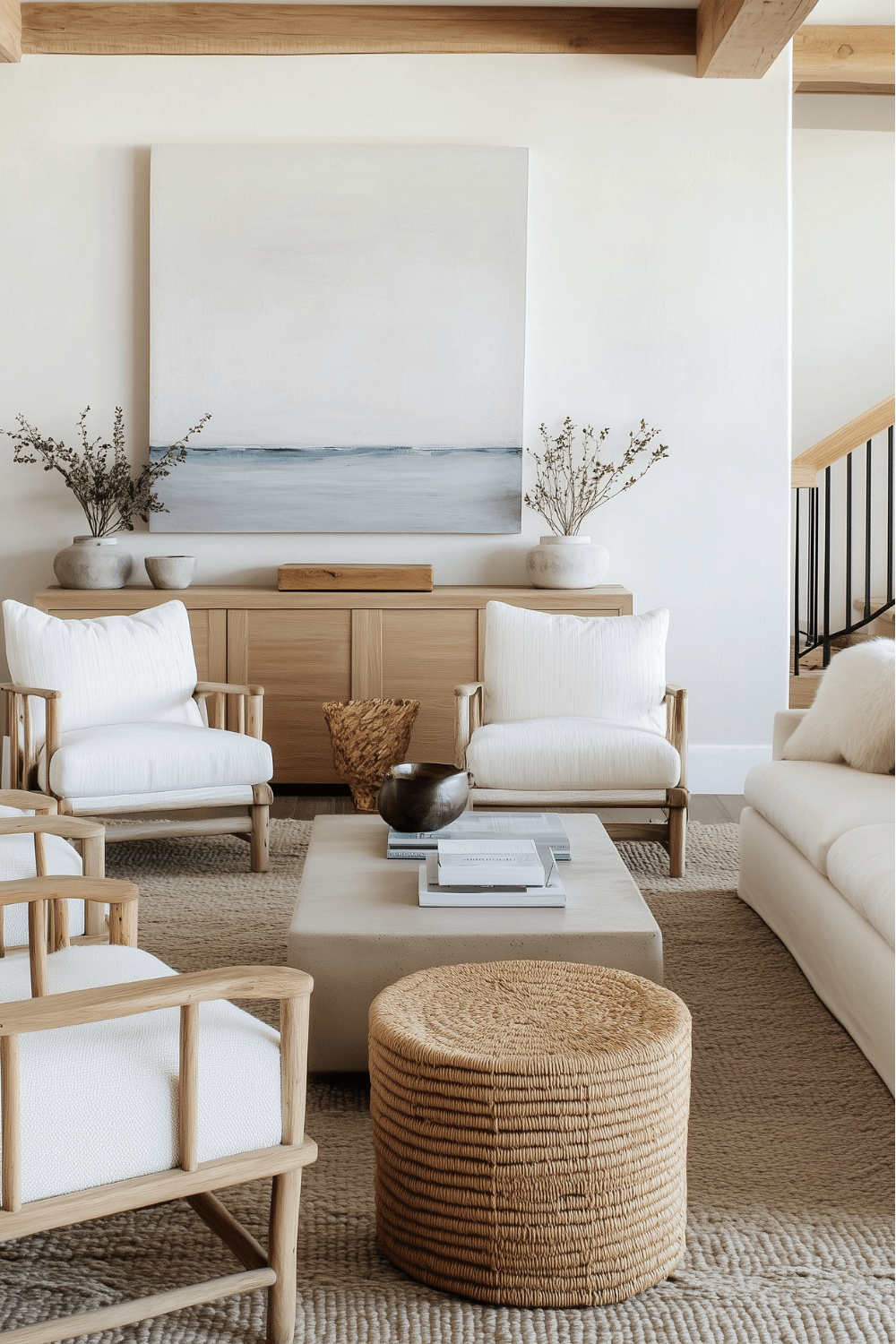 Coastal Living Room with Serene Seascape Art