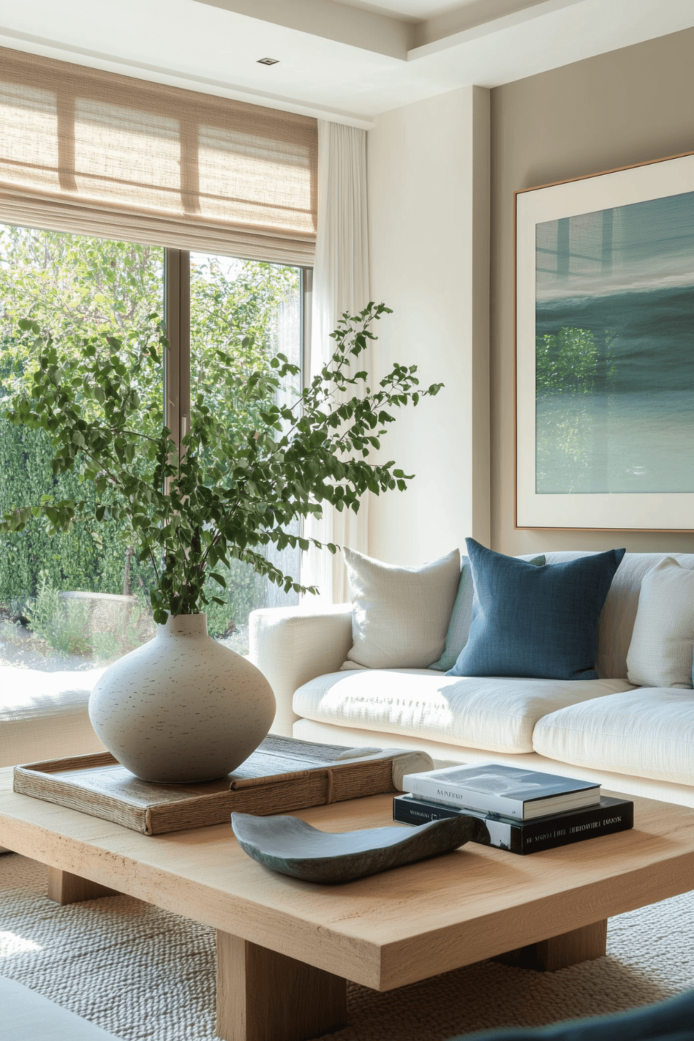 Serene Coastal Living Room with Ocean-Inspired Art