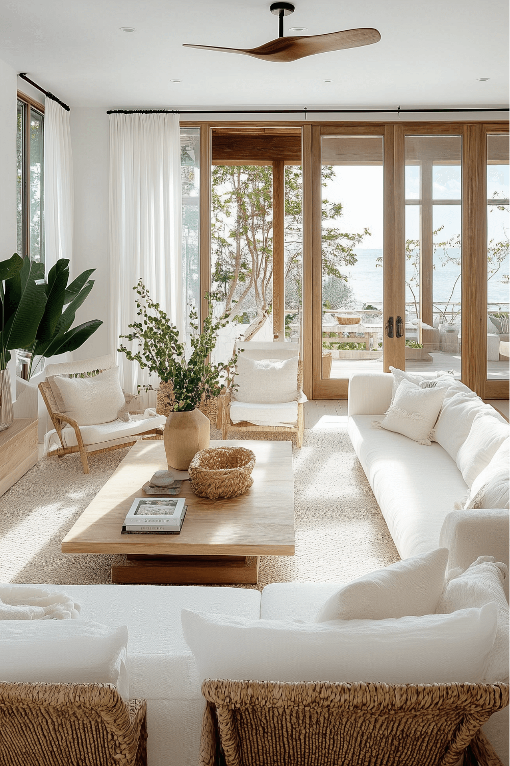 All-White Coastal Living Room with Natural Textures