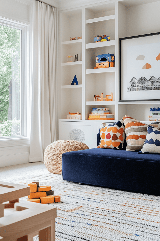 living-room-playroom-combo-navy-orange-modern